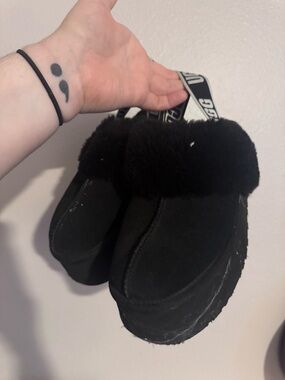 UGG Platform Black Faux Fur Slippers